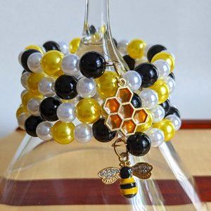 "Bee Fun" Black, yellow, and white beaded memory wire bracelet